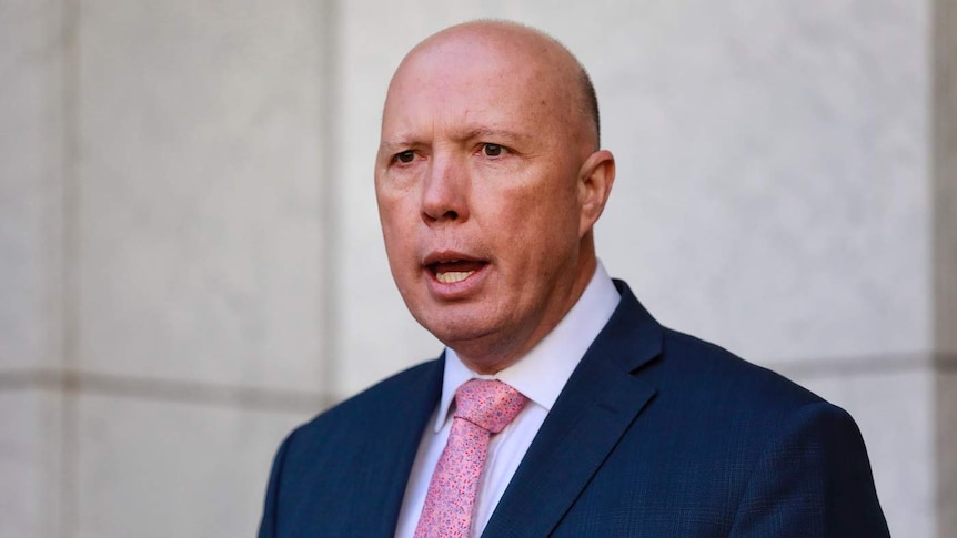 Peter Dutton speaking against a white background.