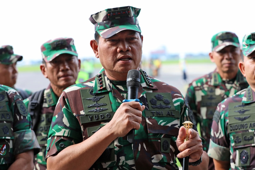Indonesian Armed Forces Chief Yudo Margono talks to the media during a press conference.