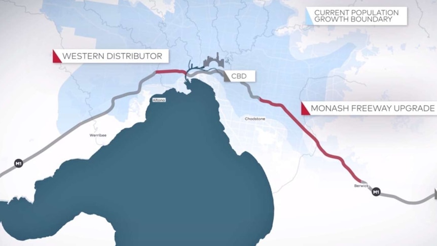 A map of the planned Western Distributor and the Monash Freeway upgrade.