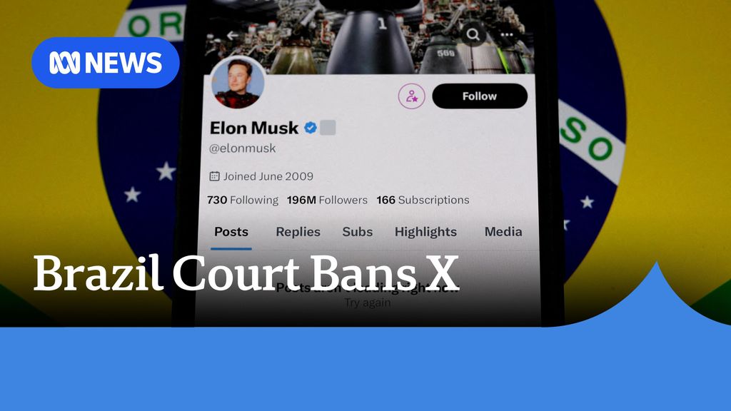 Brazil Court Bans X: Elon Musk&#x27;s X profile page superimposed voer a graphic of the Brazilian flag.