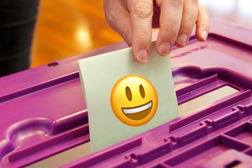 A person putting a voting slip with a smiley face emoji on it into a ballot box.