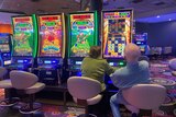 Two elderly people playing the pokies in a line of pokie machines