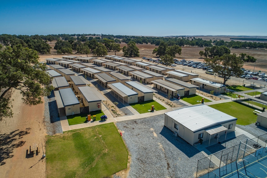 An aerial view of a mining camp designed by Grounded Construction Group.