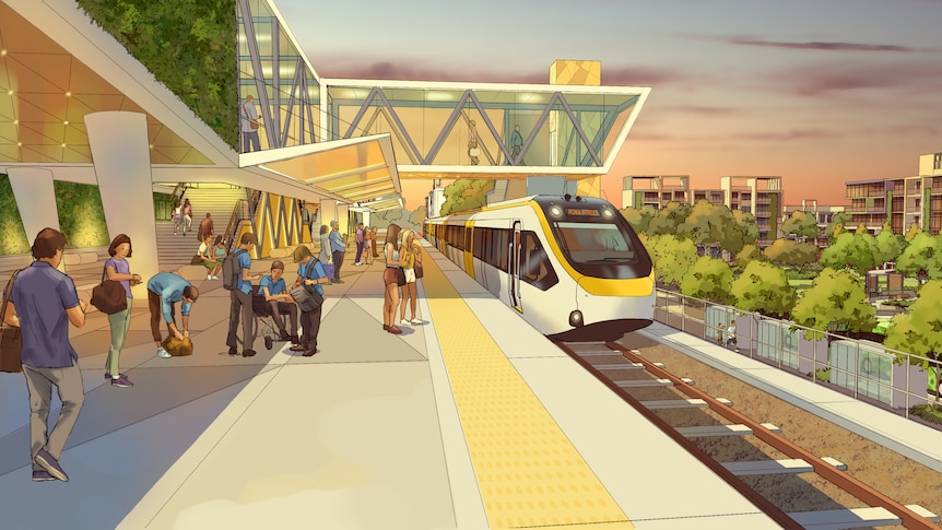 Eine Skizze zeigt das geplante Aussehen eines neuen Bahnhofs.
