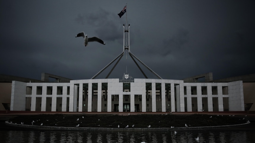 A photo of Parliament House in Canberra on a gloomy day.