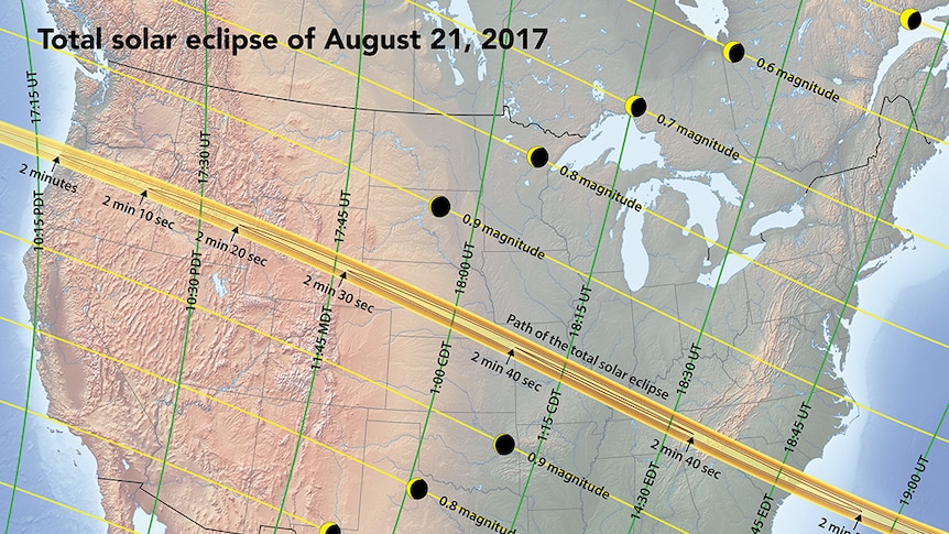 A map showing the path of the Great American Eclipse in August 2017.