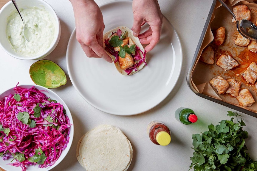 Hands hold a fish taco on a plate alongside a bowl of avocado yoghurt sauce and cabbage slaw, an easy dinner for kids.