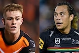 A composite image of Lachlan Galvin of the Wests Tigers and Jarome Luai of the Penrith Panthers.