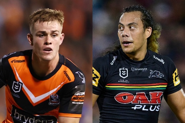 A composite image of Lachlan Galvin of the Wests Tigers and Jarome Luai of the Penrith Panthers.