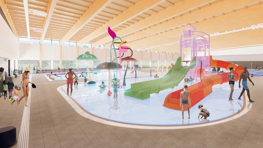 A composite image of a concept design for a pool space including colourful water play equipment