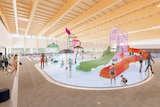 A composite image of a concept design for a pool space including colourful water play equipment