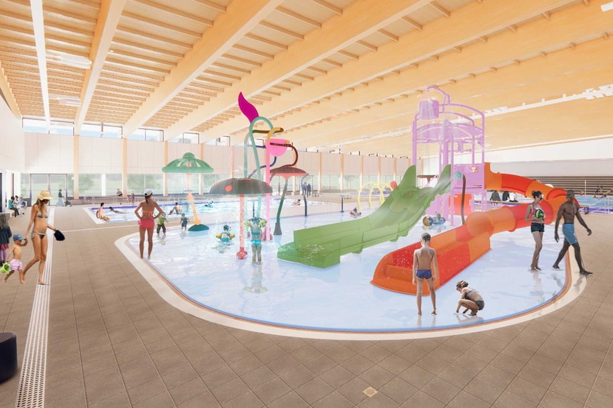 A composite image of a concept design for a pool space including colourful water play equipment