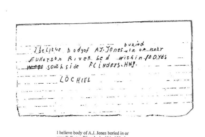 a scanned document showing a hand-written note on lined paper from someone named 'lochiel' about missing person tony jones
