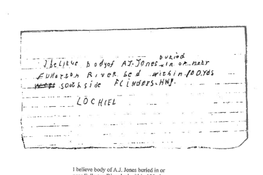 a scanned document showing a hand-written note on lined paper from someone named 'lochiel' about missing person tony jones