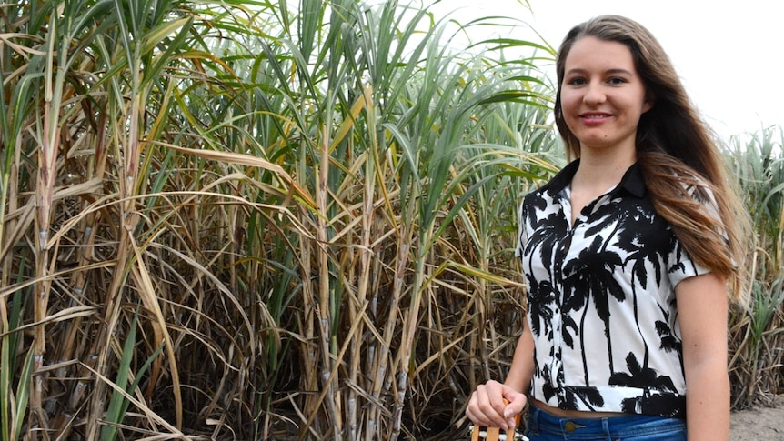 A teenaged girl standing in front of a cane field.