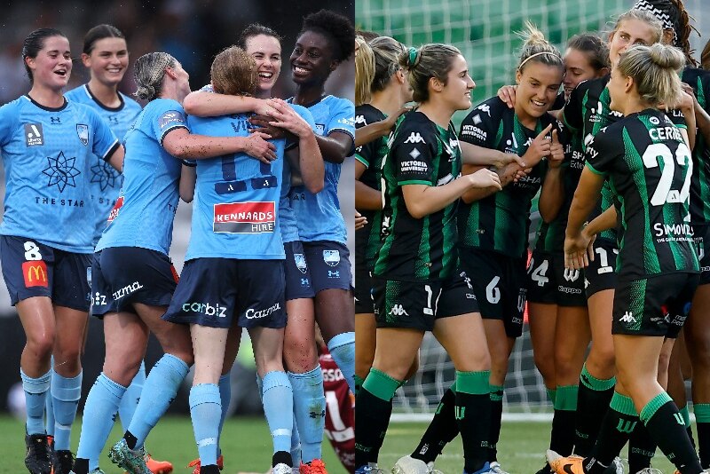 Two photos of women's soccer teams, one wearing blue and the other wearing black and green