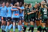 Two photos of women's soccer teams, one wearing blue and the other wearing black and green