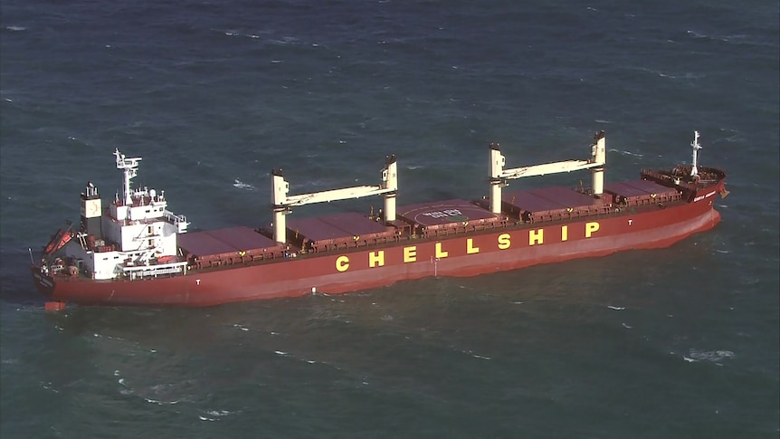 A wide aerial shot of the Darya Krishna cargo ship at sea off Perth.