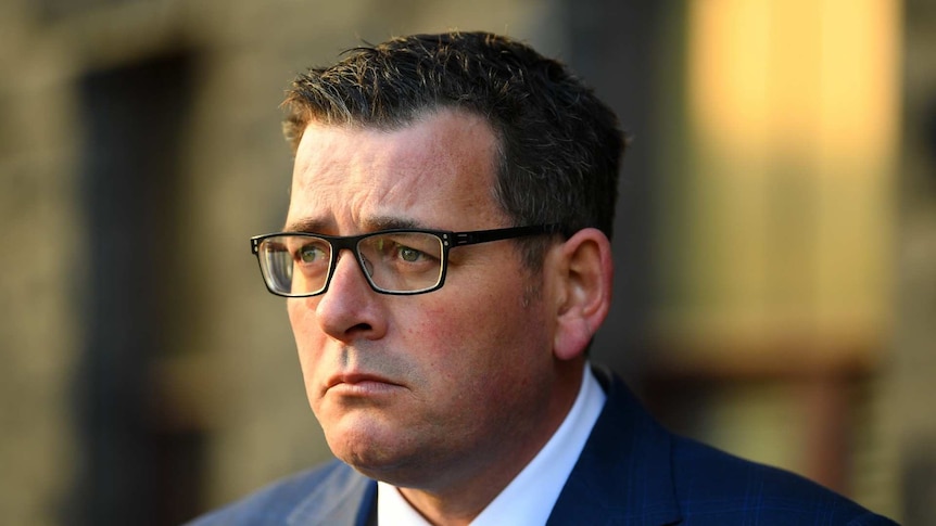 Victorian Premier Daniel Andrews looks slightly concerned as he talks to media outside State Parliament.