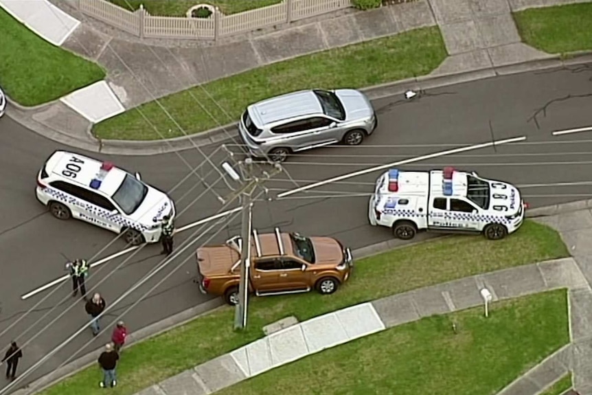 An aerial view of police cars and several other vehicles in a suburban street.