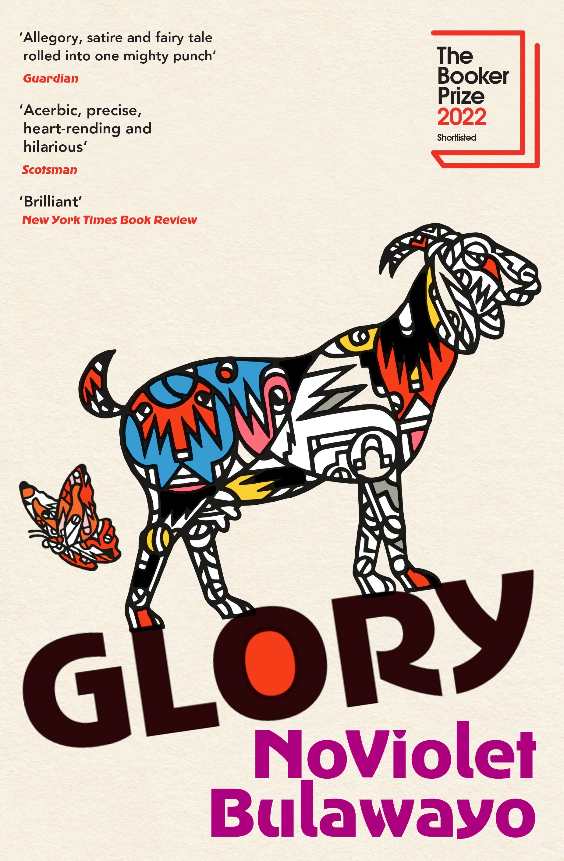 Book cover with text and illustration of a goat and a butterfly