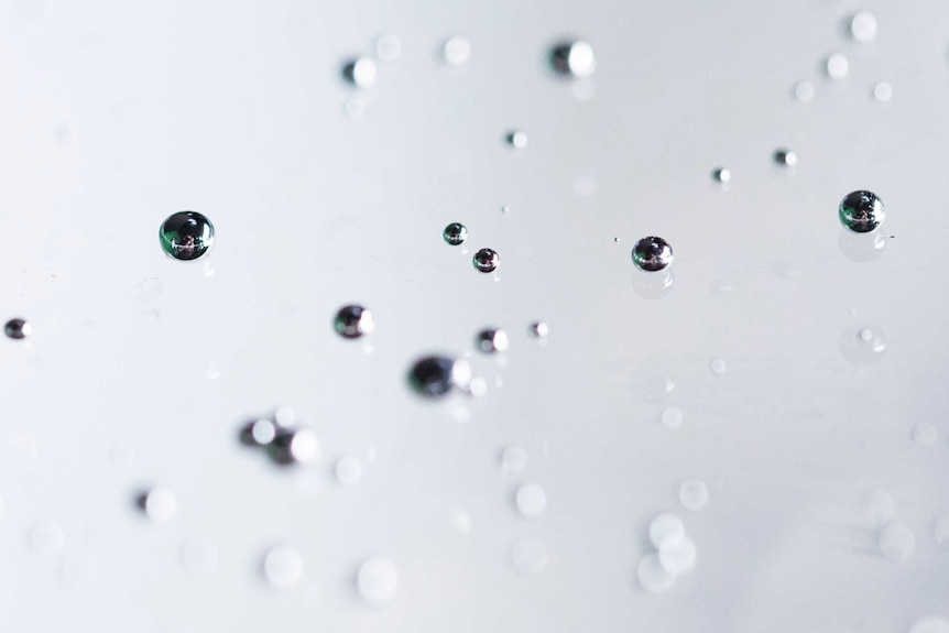 Liquid gallium alloy droplets on a surface.