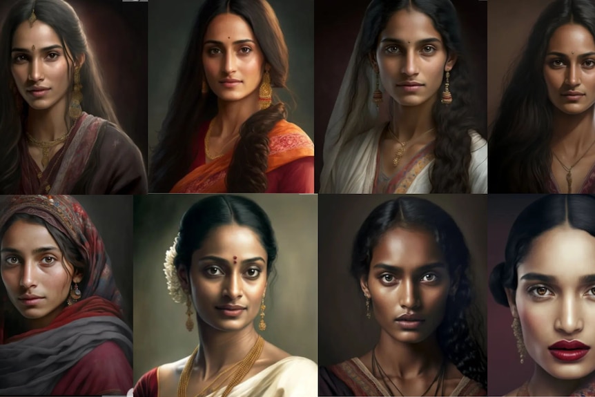 A composite image of AI generated photos of Indian women