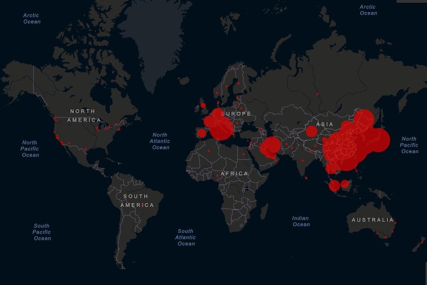 A black and grey map of the world, with large red circles over Europe and southeast Asia