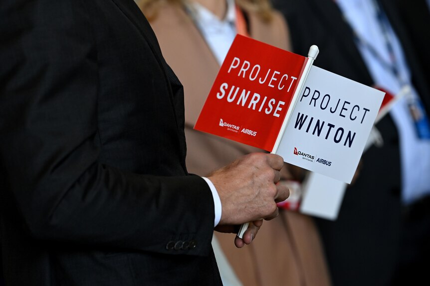 A person holds two small red and white flags that read Project Sunrise and Project Winton