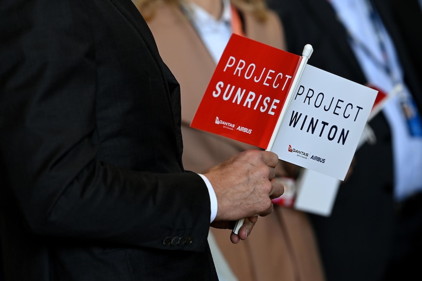 A person holds two small red and white flags that read Project Sunrise and Project Winton