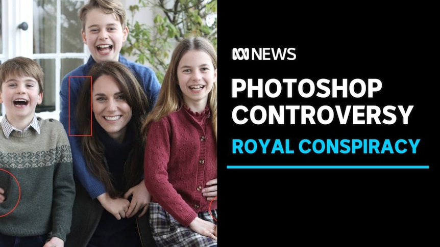Photoshop Controversy, Royal Conspiracy: Princess Kate and her children with red outlines showing edited areas of image.