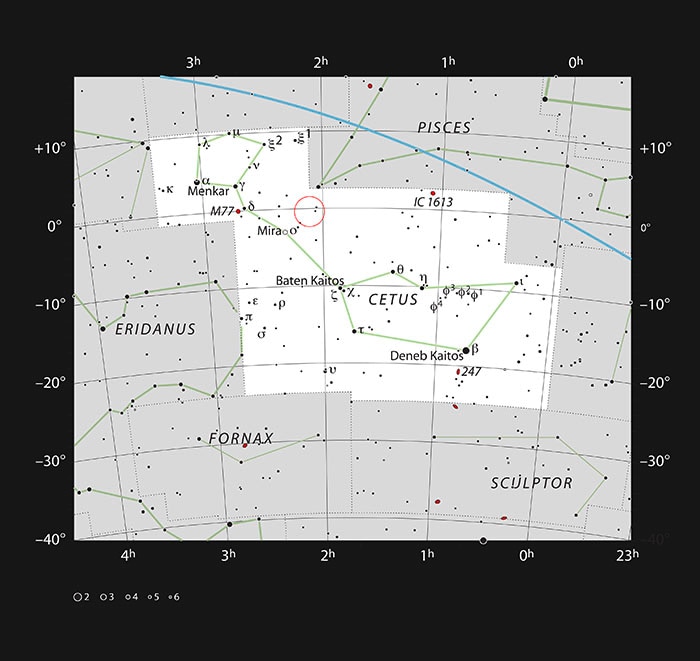 Sky map shows position of Markiarian 1018 in Cetus constellation