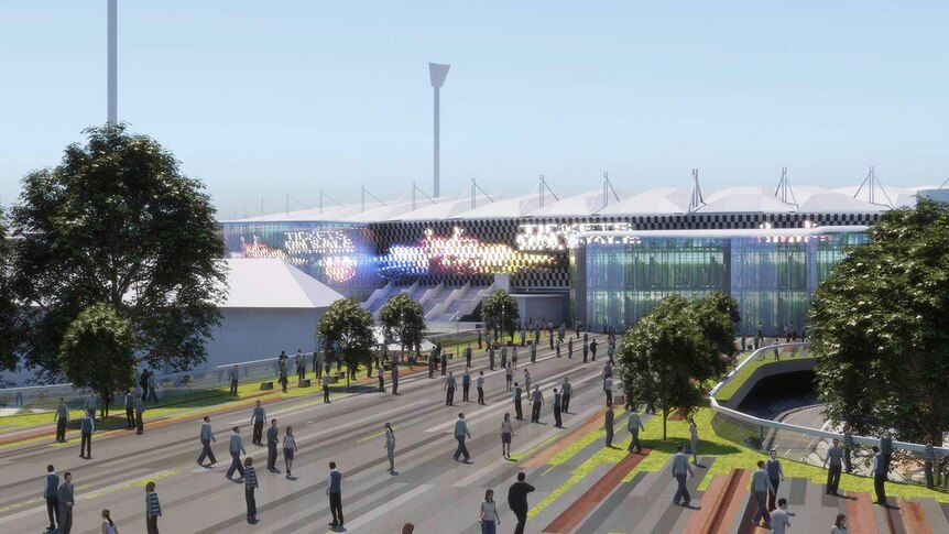 Artist's impression of proposed new entrance of renovated Gabba Sports Stadium at Woolloongabba in Brisbane