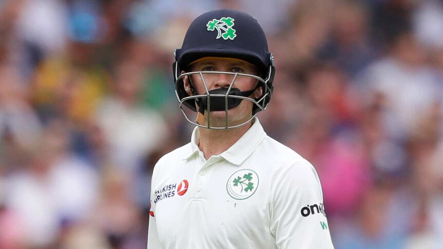 William Porterfield, wearing an Ireland helmet with the chin strap over his mouth, walks off after being dismissed in a Test.