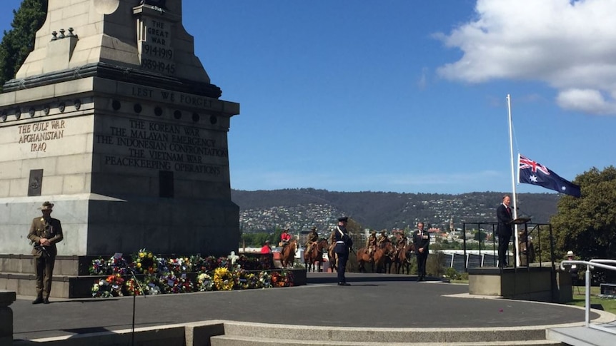 Tasmanian Premier Will Hodgman speaks at the Hobart Cenotaph for the 2017 Remembrance Day ceremony.