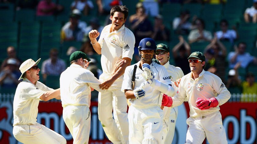 Final scalp... Johnson took his third wicket by clean bowling RP Singh.