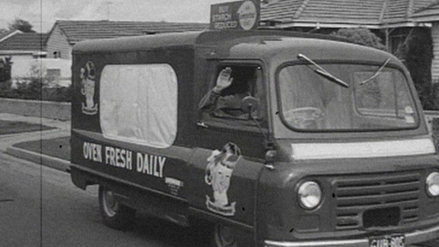 Black and white photo of a bread delivery truck