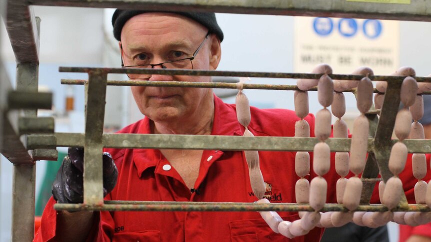 A man makes cane toad sausages.