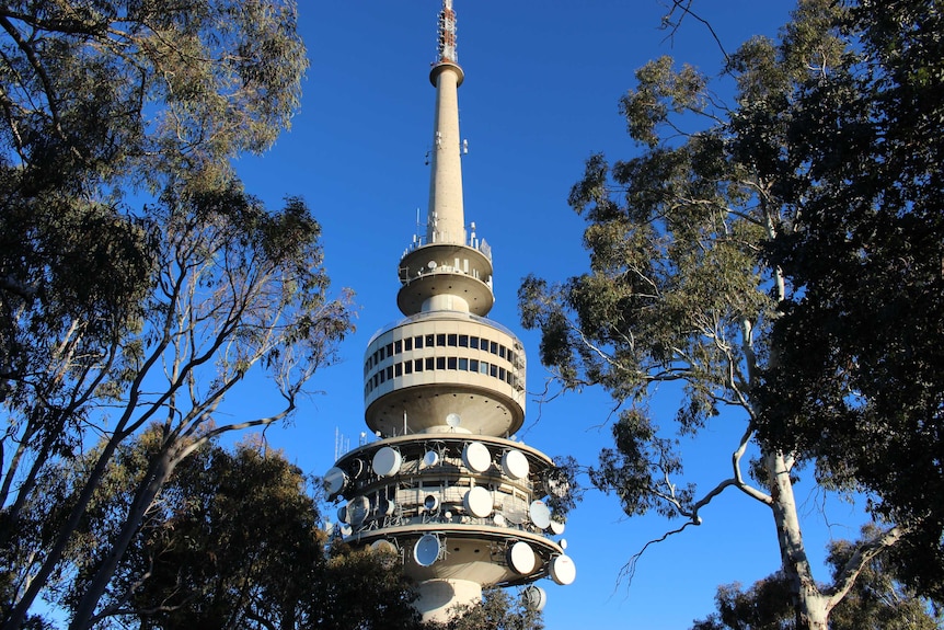 Telstra Tower in Canberra on a sunny autumn day.