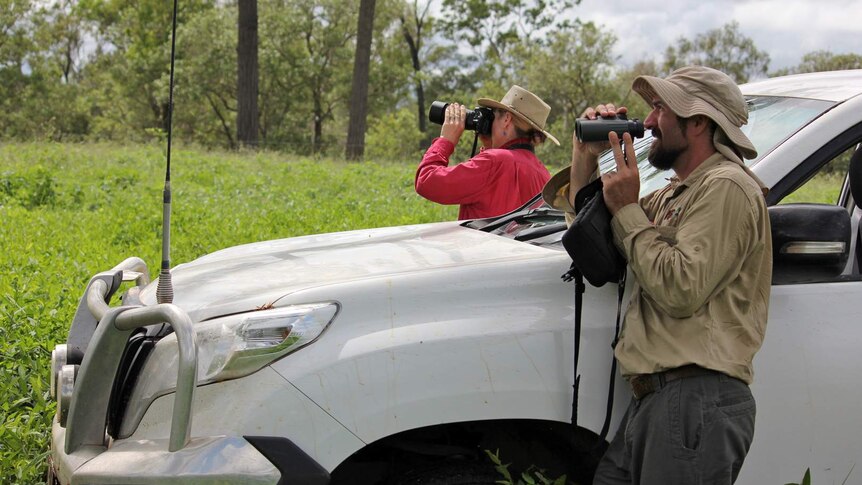 Two scientists look at a bird using a camera and binoculars