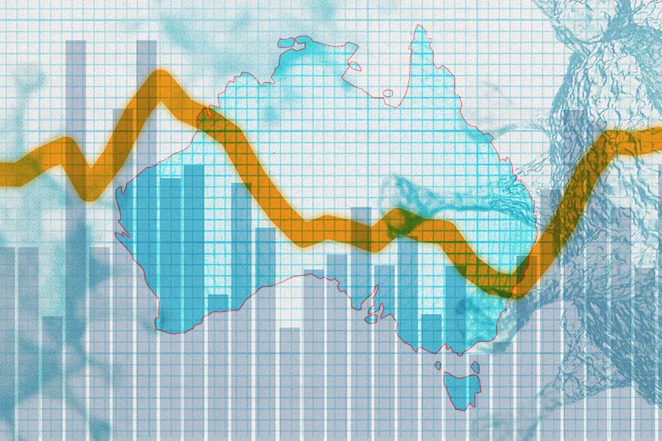 A map of Australia with a blue column graph and yellow line graph faintly over the top showing varying increases and falls