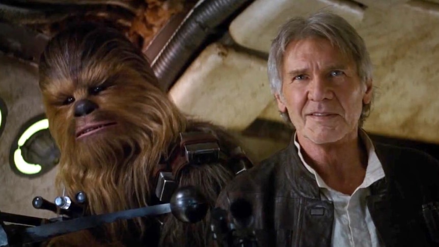 Chewbacca and Harrison Ford as Han Solo in Star Wars: The Force Awakens