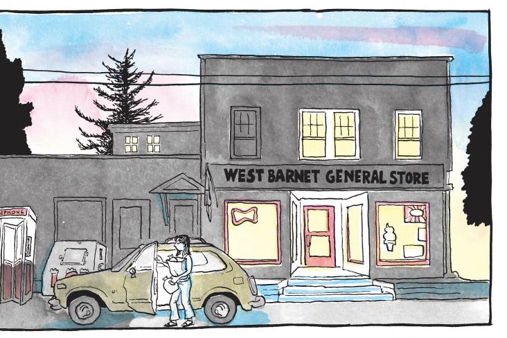 Comic image of West Barnet General Store, a dark, plain building, with woman entering yellow car out the front.