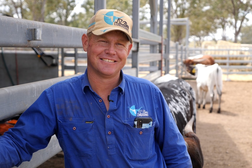 Dan wearing a longsleeve blue shirt, neutral cap, smiling, leaning on a fence, cattle behind.