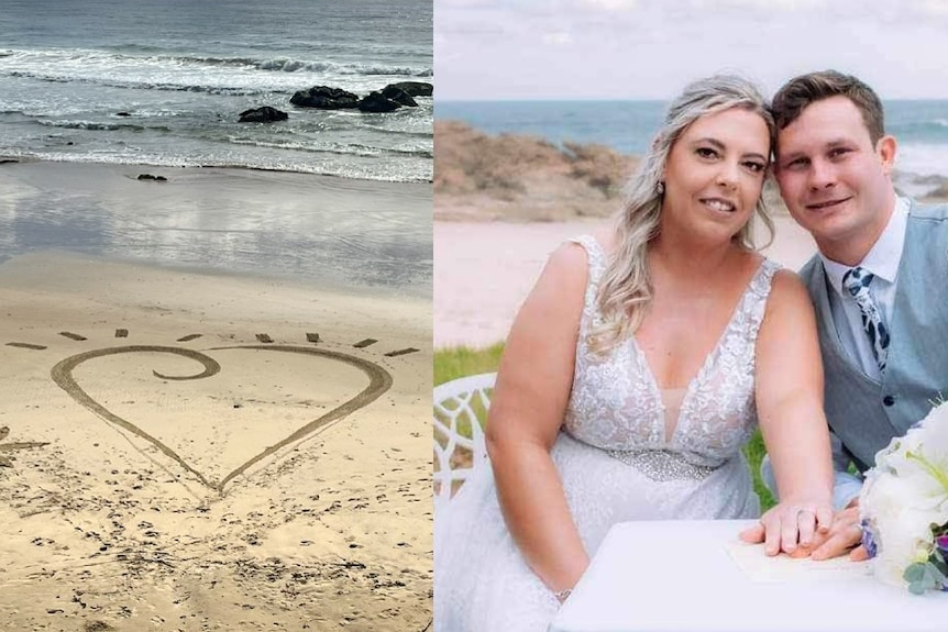 A composite image of a bride and groom sitting at a table on the right, and a heart design in sand on the left.