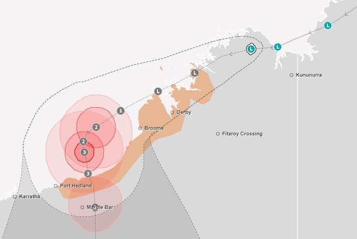 A map showing Cyclone Kelvin gathering strength as it tracks towards the WA coast north of Port Hedland.