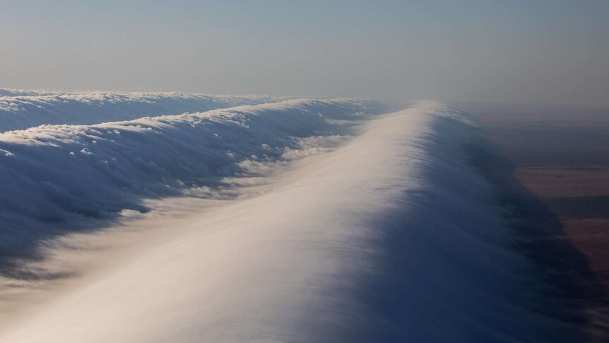 Clouds that look like waves high above the ground.