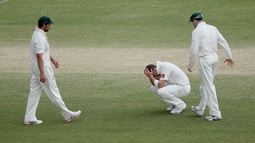 Peter Siddle (c) sinks to his knees while team-mates Mike Hussey (r) and Ben Hilfenhaus console him.