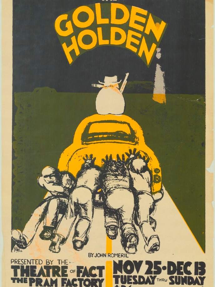 Illustrated poster for the play The Golden Holden, portraying several people pushing a Holden