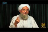 Al-Qaeda leader Ayman al-Zawahiri is pictured in front of a green curtain. He is pointing his finger. 